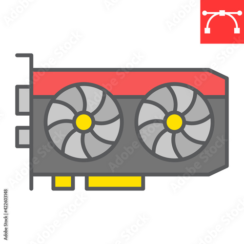 GPU card color line icon, hardware and bitcoin mining, graphic card vector icon, vector graphics, editable stroke filled outline sign, eps 10.