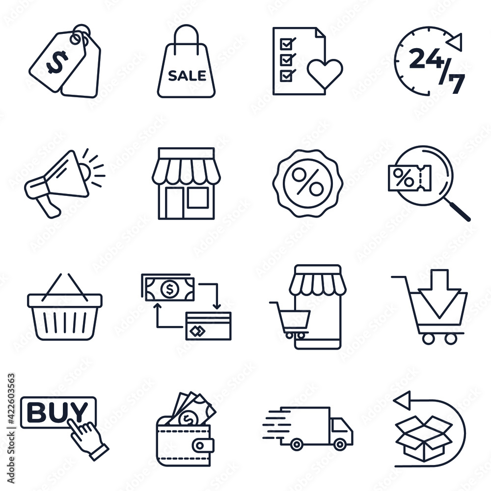 Set of online shopping and delivery icon. E-commerce pack symbol template for graphic and web design collection logo vector illustration Set of online shopping and delivery icon. E-commerce pack symbol template for graphic and web design collection logo vector illustration