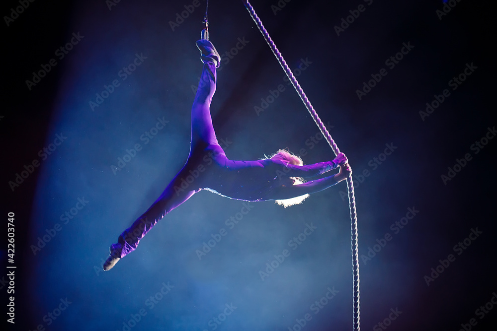 Fototapeta An aerial gymnast shows a performance in the circus arena.