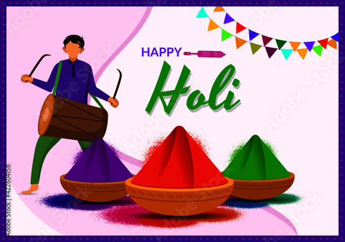 Happy holi abstract illustration with color splash explosion. Cartoon young man dancing with drum to celebrate the festival of colors. photo