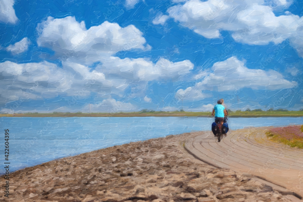 Back view of two bikers at the national park Wadden Sea in Friesland, Germany at the Jade Bay, oil on canvas texture