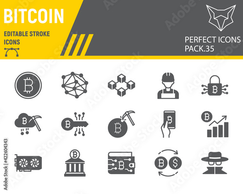 Bitcoin glyph icon set, blockchain collection, vector graphics, logo illustrations, bitcoin vector icons, cryptocurrency signs, solid pictograms, editable stroke.