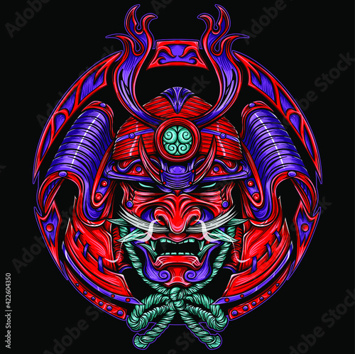 Samurai head complete with kabuto helmet vector illustration