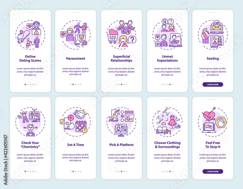 Online dating platform onboarding mobile app page screen with concepts. Date website risks walkthrough 10 steps graphic instructions. UI, UX, GUI vector template with linear color illustrations