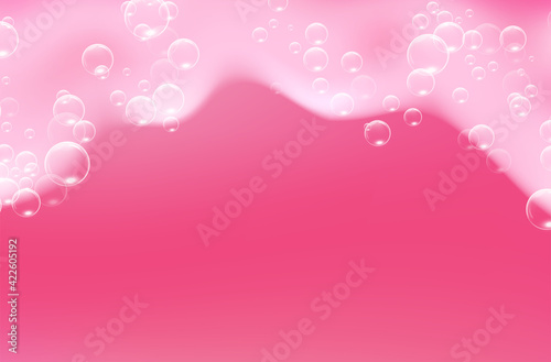 Beautiful bright background with Bath pink foam and empty place for your text. Shampoo bubbles texture. Sparkling pink shampoo and bath lather. Vector realistic illustration.