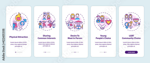 Finding suitable partner onboarding mobile app page screen with concepts. Physical attraction walkthrough 5 steps graphic instructions. UI, UX, GUI vector template with linear color illustrations