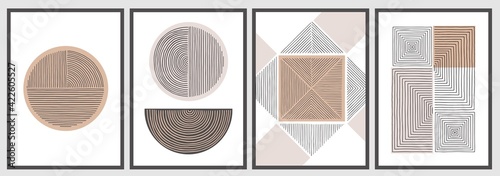 Abstract minimalist wall art composition in beige, grey, white, black colors. Simple line style. Geometric shapes, circles, squares design. Modern creative hand drawn background.