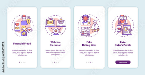 Online dating risks website onboarding mobile app page screen with concepts. Webcam blackmail walkthrough 4 steps graphic instructions. UI, UX, GUI vector template with linear color illustration