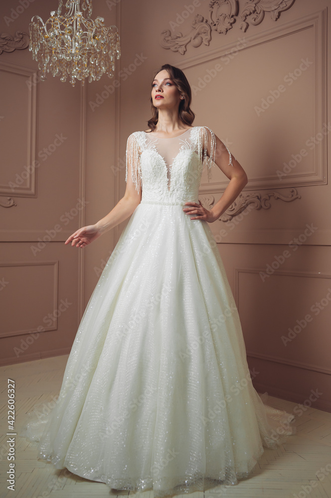 Beautiful bride in a beautiful wedding dress poses on the background of a hotel room Beautiful bride in a beautiful wedding dress poses on the background of a hotel room