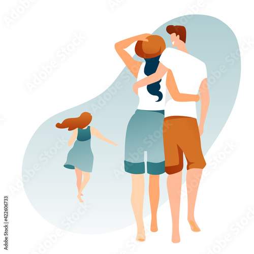 Family couple with daughter on vacation walking together on a white background. Family vacation, characters in summer clothes. People in shorts, a child in a dress, modern flat design.
