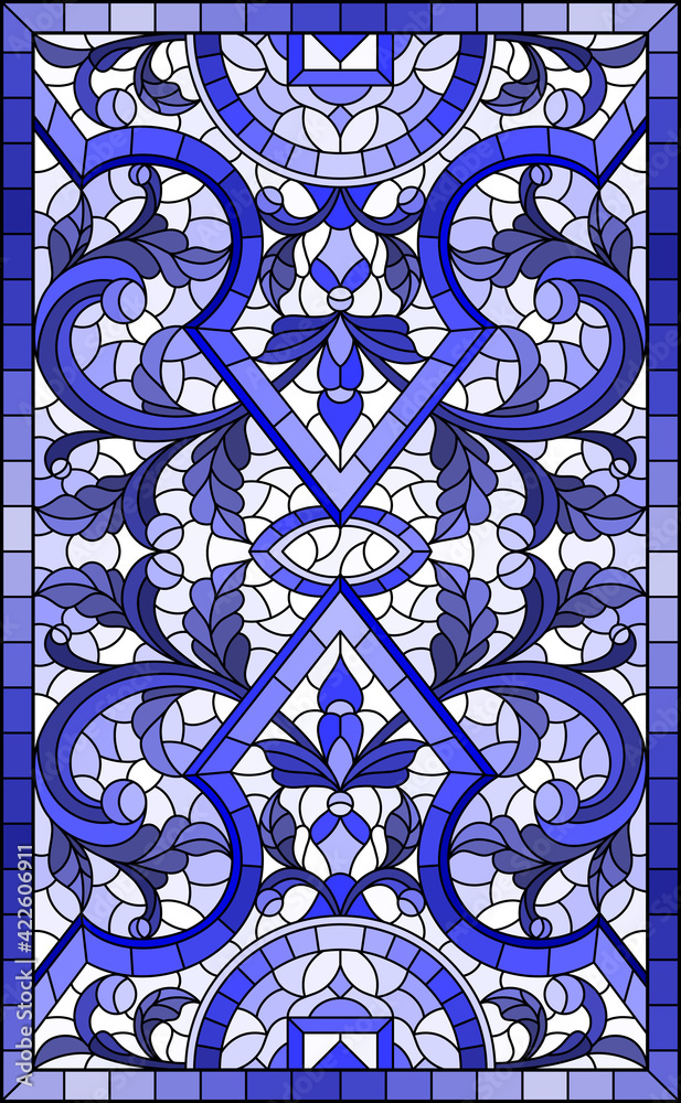Illustration in stained glass style with abstract flowers, swirls and leaves on a light background,vertical orientation in a frame, tone blue Illustration in stained glass style with abstract flowers, swirls and leaves on a light background,vertical orientation in a frame, tone blue