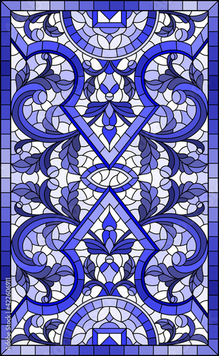 Illustration in stained glass style with abstract flowers, swirls and leaves on a light background,vertical orientation in a frame, tone blue