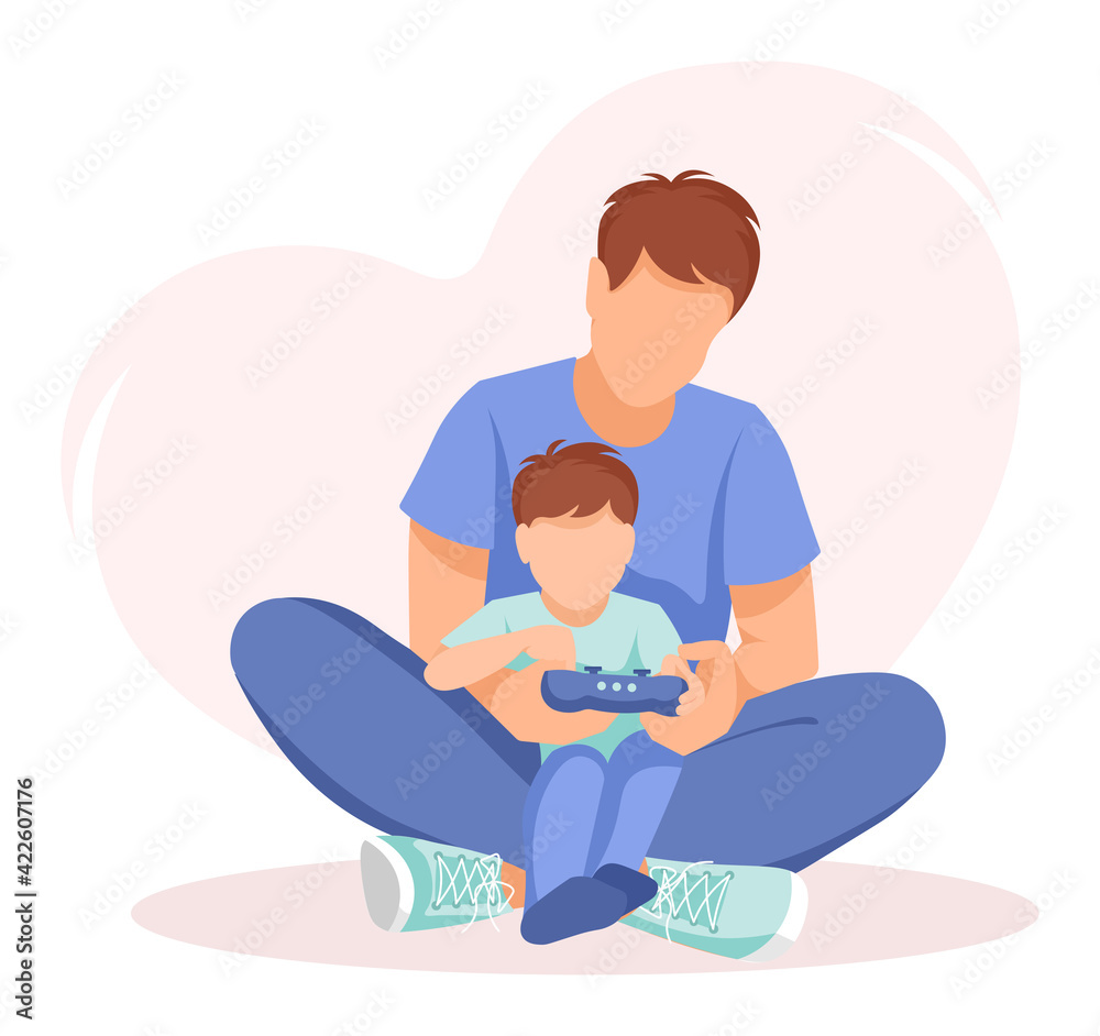 Dad with son playing together. Dad and son, Family, Father's day concept. Isolated vector illustration for greeting card, flyer, poster.