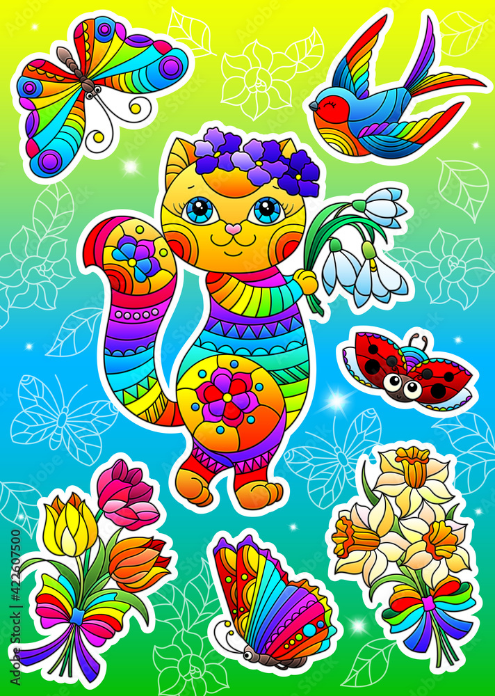 Set of stickers in a stained glass style on the theme of spring with a cute cartoon kitten, bright stickers on a bright background with flowers