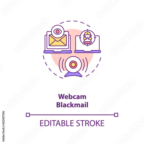 Blackmail on dating website webcam concept icon. Avoid people taking screenshot from erotic talking thin line illustration. Nude video call vector isolated outline RGB color drawing. Editable stroke