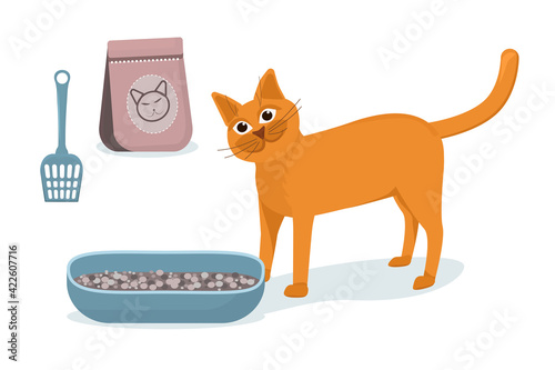 vector illustration of a red cat standing next to a cat toilet and a bag of filler, isolated on a white background