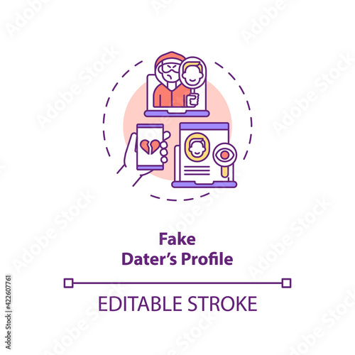 Fake dater profile on dating website concept icon. Hackers using website to steal money idea thin line illustration. Avoid app scammers isolated outline RGB color drawing. Editable stroke