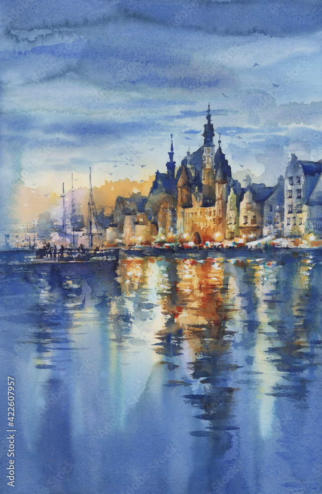 Night city lights by the river in Gdansk. Watercolor illustration