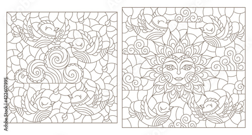 Set of contour illustrations in the stained glass style with cartoon birds on the sky background, rectangular images