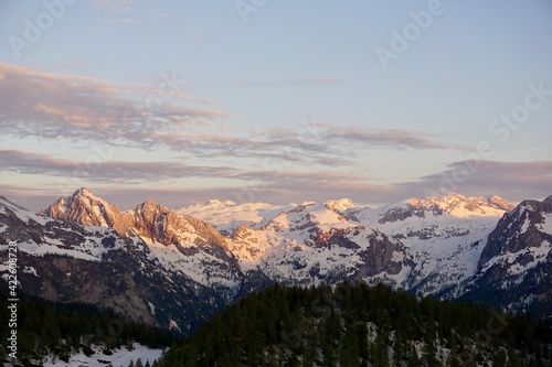 Sunset on snowy mountains in the Bavarian Alps in Berchtesgaden