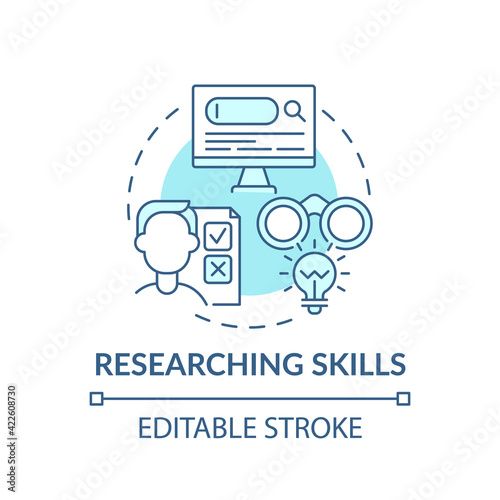 Researching skills blue concept icon. Analyzing information. Evaluate and assess data. Problem solving idea thin line illustration. Vector isolated outline RGB color drawing. Editable stroke