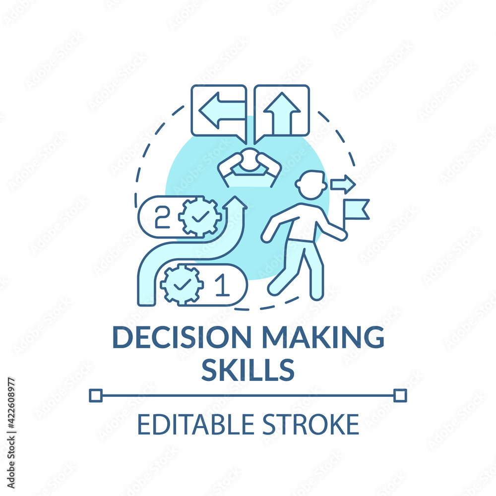 Decision making skills blue concept icon. Analytical thinking, evaluating and finding solution. Problem solving idea thin line illustration. Vector isolated outline RGB color drawing. Editable stroke Decision making skills blue concept icon. Analytical thinking, evaluating and finding solution. Problem solving idea thin line illustration. Vector isolated outline RGB color drawing. Editable stroke