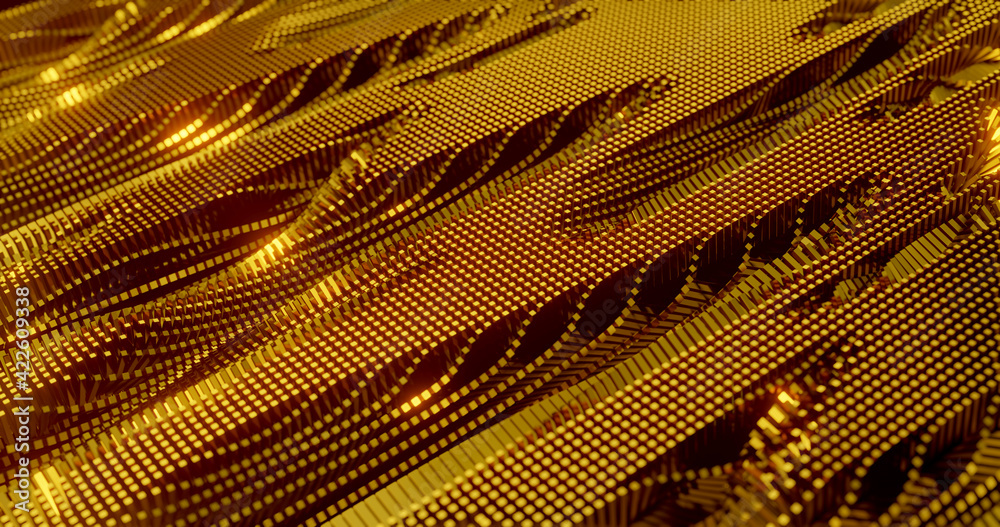 Fototapeta premium gold distorted lines and blocks twisting on black background. Abstract background for science, industrial, tech or business presentation. 3d rendering