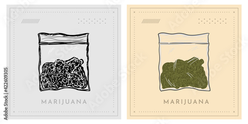 Marijuana buds flowers in bag retro vintage illustration