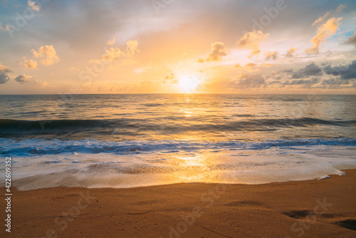 Calming summer natural marine blue background . Sea and sky with white clouds. summer vacation concept