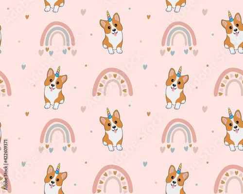 Seamless pattern with corgi, hearts and rainbows. Background for wrapping paper, greeting cards, design.
