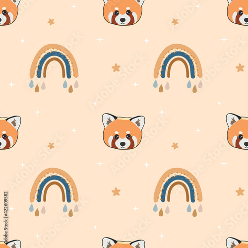 Seamless patten with red panda, stars and rainbows. Background for wrapping paper,  greeting cards, design.