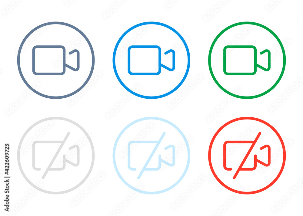Video Camera active and disabled related icons. Basic color icons of camera for Video Conference and Webinar. Video Camera active and disabled related icons. Basic color icons of camera for Video Conference and Webinar.