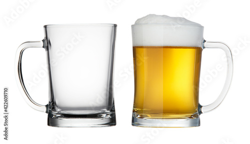 Two Mugs beer with cap of foam and Empty isolated on white background.