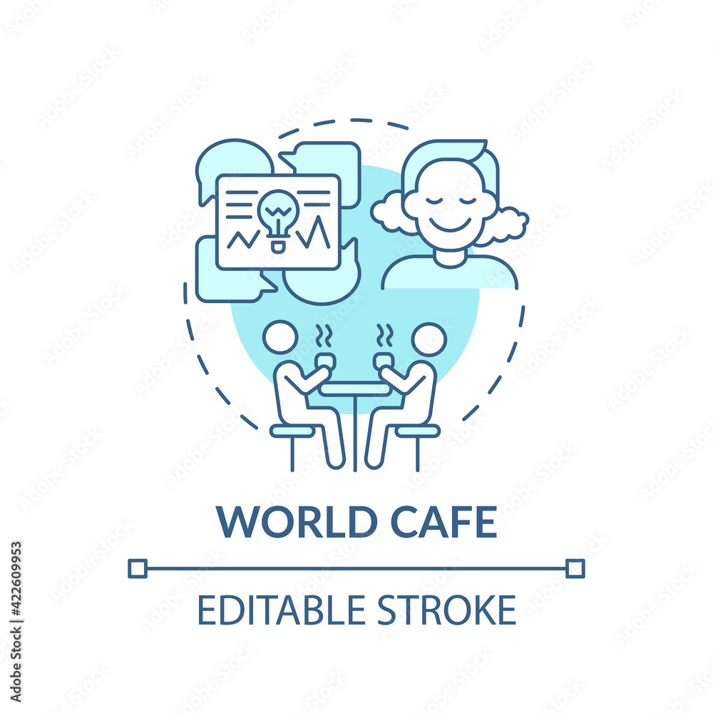 World cafe blue concept icon. Positive environment to boost creativity. Communication skills. Problem solving idea thin line illustration. Vector isolated outline RGB color drawing. Editable stroke