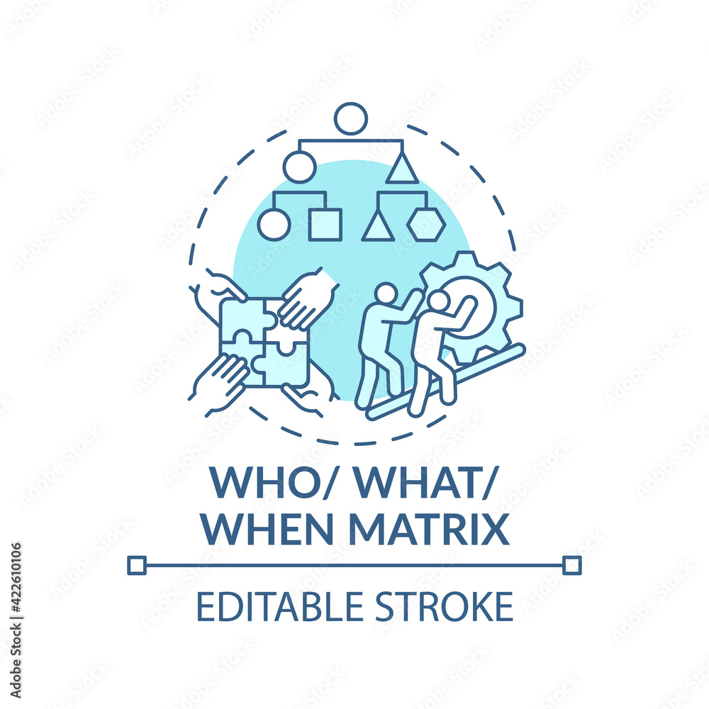 Who, what, when matrix blue concept icon. Strategy for decision making. Evaluate solution. Problem solving idea thin line illustration. Vector isolated outline RGB color drawing. Editable stroke Who, what, when matrix blue concept icon. Strategy for decision making. Evaluate solution. Problem solving idea thin line illustration. Vector isolated outline RGB color drawing. Editable stroke