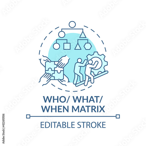 Who, what, when matrix blue concept icon. Strategy for decision making. Evaluate solution. Problem solving idea thin line illustration. Vector isolated outline RGB color drawing. Editable stroke