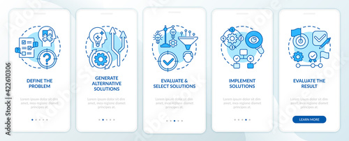 Problem solving steps blue onboarding mobile app page screen with concepts. Decision making process walkthrough 5 step graphic instructions. UI, UX, GUI vector template with linear color illustrations