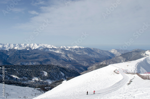 View from the peak of the mountains in the ski resort Rosa Khutor Russia