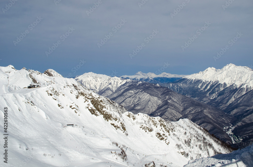 View from the peak of the  mountains in the ski resort Rosa Khutor Russia