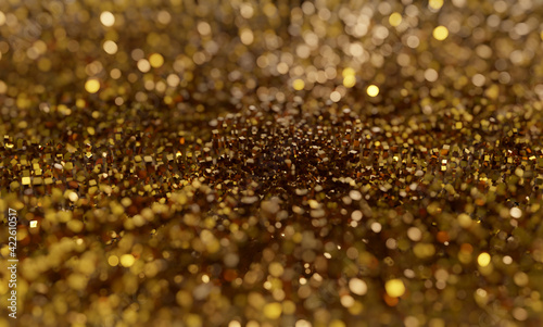 Gold glitter abstract background with sparkle reflection. Golden cubes, crystal jewelry shimmering light, flashing lights from reflected gold surface. 3D rendering