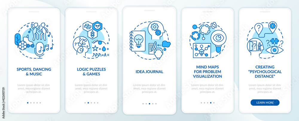 Boosting problem solving skills tips blue onboarding mobile app page screen with concepts. Mindset walkthrough 5 step graphic instructions. UI, UX, GUI vector template with linear color illustrations