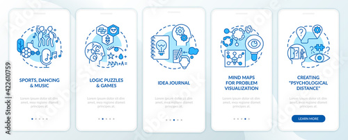 Boosting problem solving skills tips blue onboarding mobile app page screen with concepts. Mindset walkthrough 5 step graphic instructions. UI, UX, GUI vector template with linear color illustrations