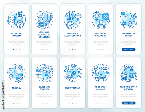 Problem solving blue onboarding mobile app page screen with concepts set. Evaluate the result walkthrough 5 steps graphic instructions. UI, UX, GUI vector template with linear color illustrations