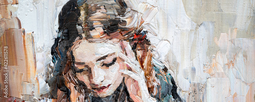 Portrait of a girl in a cafe. Fragment of an oil painting. Cozy art on canvas. photo