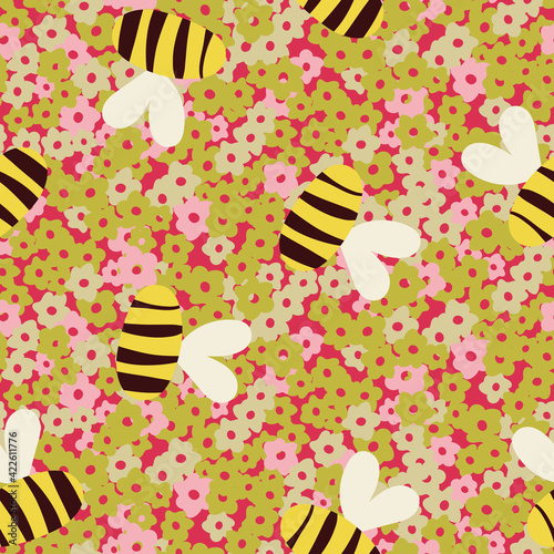 Fotografija bees flying over flowers seamless vector pattern