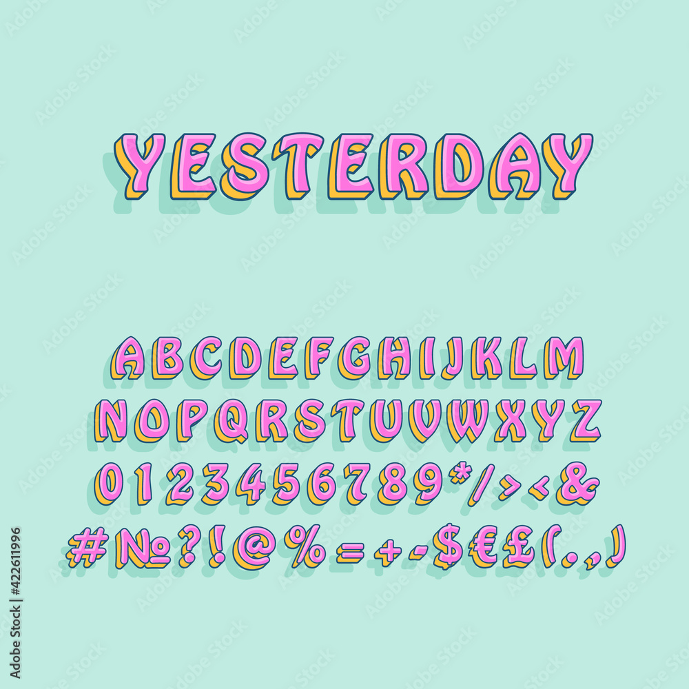 Yesterday vintage 3d vector alphabet set. Retro bold font, typeface. Pop art stylized lettering. Old school style letters, numbers, symbols pack. 90s, 80s creative typeset design template