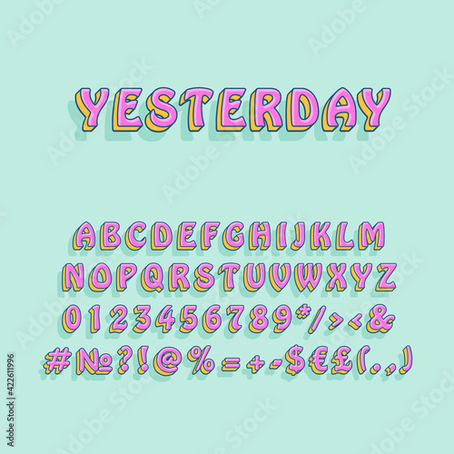 Yesterday vintage 3d vector alphabet set. Retro bold font, typeface. Pop art stylized lettering. Old school style letters, numbers, symbols pack. 90s, 80s creative typeset design template
