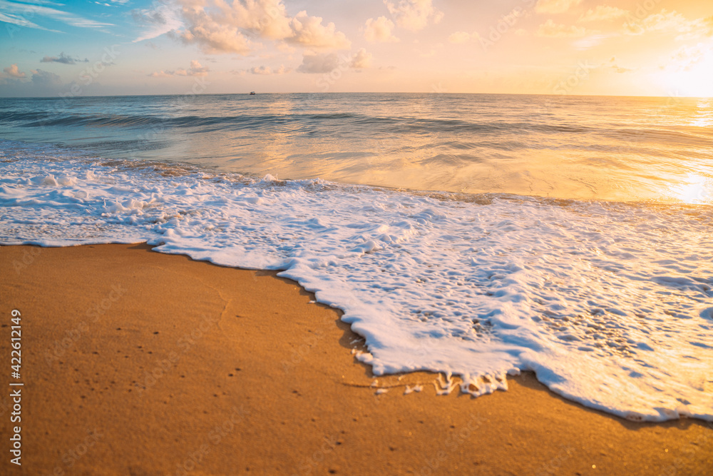 Obraz premium Calming summer natural marine blue background . Sea and sky with white clouds. summer vacation concept