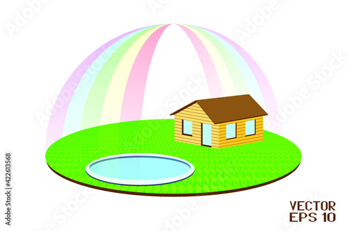 Small House on Green Grass. Country Cottage with Blue Pool. Rural Landscape under the Rainbow. Vector. 3D Illuctration