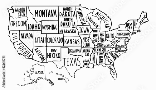 Handdrawn map of the USA with states.